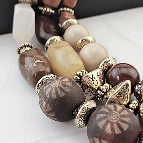 Bocar 3 Layer Chunky Statement Beaded Necklace and Earrings Set, Fashion Multi Layer Women Collar Necklace Jewelry Set - color: Brown