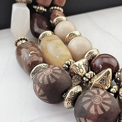 Bocar 3 Layer Chunky Statement Beaded Necklace and Earrings Set, Fashion Multi Layer Women Collar Necklace Jewelry Set - color: Brown