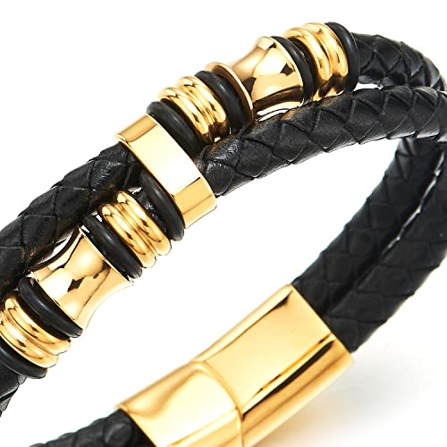 COOLSTEELANDBEYOND Mens Double-Row Braided Leather Bracelet Bangle Wristband with Black Stainless Steel Ornaments - color: I-Black Gold