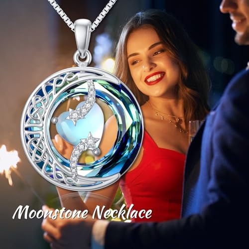 TOUPOP Birthstone Necklace Women Sterling Silver Moon Star Birthday Jewelry | Celtic Moon Pendant with Blue Crystal Anniversary Christmas Jewelry Gifts for Wife Mom Her - color: A-13-Moonstone