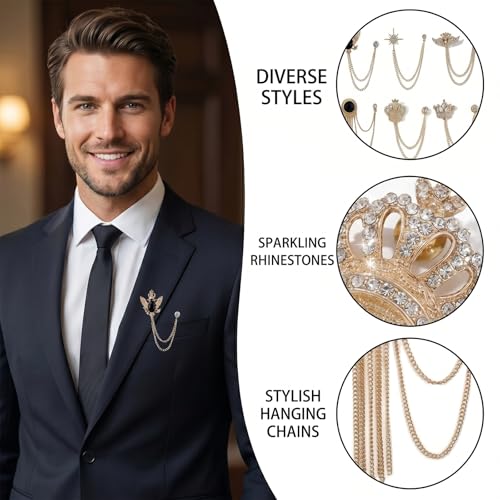 6 Pcs Tassel Chain Brooch Collar Pins Rhinestones Crown Eagle Star Wings Mens Suit Accessories for Shirt Tuxedo Tie Hat Scarf Decoration