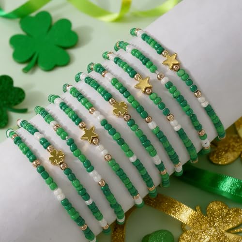 Gold Beaded Bracelets Stack for Women Stocking Stuffers 12PCS Boho Gold Plated Seed Beads Bracelet Stretch Star Stackable Accessories Jewelry Friendship Fall Christmas Gifts for Women - color: 10pcs- Green St.Patrick's Day Bracelet