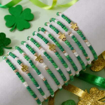 Gold Beaded Bracelets Stack for Women Stocking Stuffers 12PCS Boho Gold Plated Seed Beads Bracelet Stretch Star Stackable Accessories Jewelry Friendship Fall Christmas Gifts for Women - color: 10pcs- Green St.Patrick's Day Bracelet