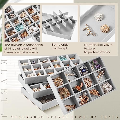 12 Pcs Jewelry Tray Velvet Stackable Jewelry Organizer Trays Divided Earring Accessories Storage Containers Box (Rose Red) - color: Gray