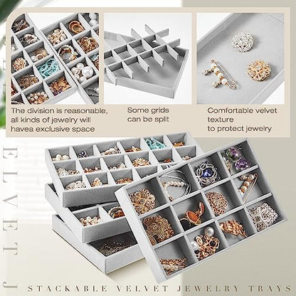 12 Pcs Jewelry Tray Velvet Stackable Jewelry Organizer Trays Divided Earring Accessories Storage Containers Box (Rose Red) - color: Gray