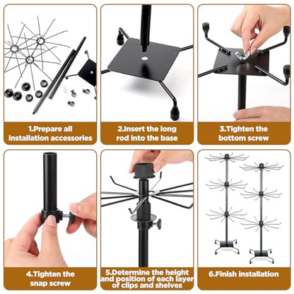 3 Tier 28.3 x 11.8 Inch Rotating Display Stand, Earring Display Rack, Black Metal Retail Display Stand with Hooks for Necklace, Bracelet, Earrings, and Keychains, Adjustable Height