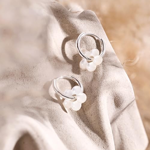 Robaice Pearl Earrings for Women, 14K Gold Plated Dangle Drop Earrings | Small Pearl Drop Huggie Hoop Earrings, Hypoallergenic Dainty Gold Earrings, Wedding Jewelry Gifts for Women Trendy - style: silver flower-1