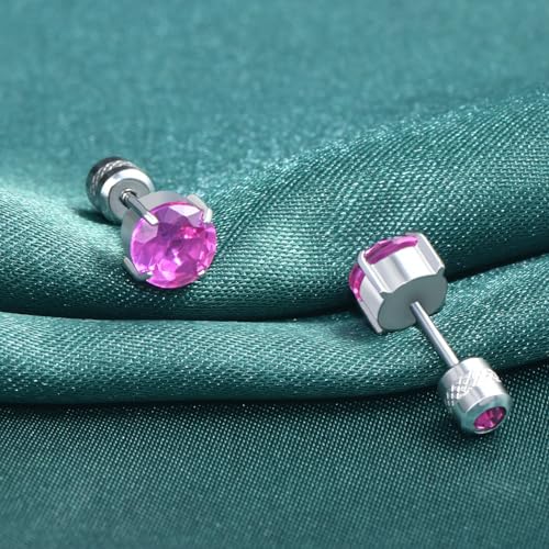 Titanium Flat Back Surgical Stainless Steel Stud Earrings for Women Men,Birthstone Stud Earrings Hypoallergenic Double Side 5A Cubic Zirconia Studs Jewelry 6mm - color: Silvery-Rose Red CZ