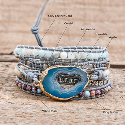 YGLINE Boho Handmade Wrap Leather Tube Crystal Stone Bracelet for Women - color: Blue Druzy