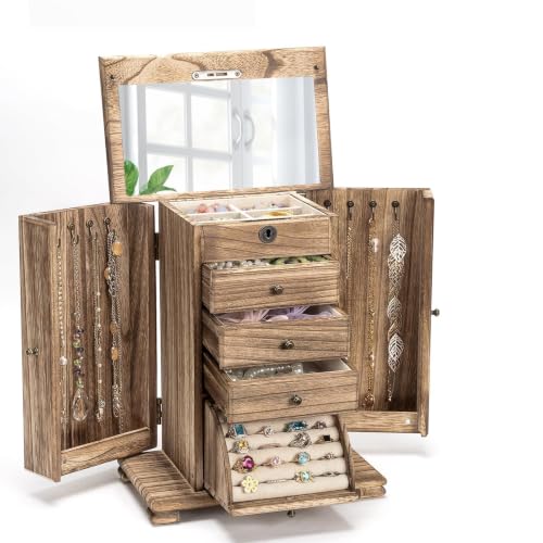 Jewelry Boxes for Women, 5 Layer Large Wooden Jewelry Organizer Box with Lock, Mirror & Drawers, Jewelry Boxes & Organizers for Necklaces Earrings Rings Bracelets (Rustic Brown)