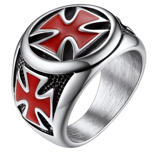 FaithHeart Mens Stainless Steel Crusader Jerusalem Cross Ring with 18K Gold Plated Two Tone Ring Size 7,8,9,10,11,12 - color: 01. Cross-Silver