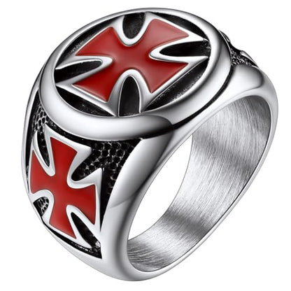 FaithHeart Mens Stainless Steel Crusader Jerusalem Cross Ring with 18K Gold Plated Two Tone Ring Size 7,8,9,10,11,12 - color: 01. Cross-Silver