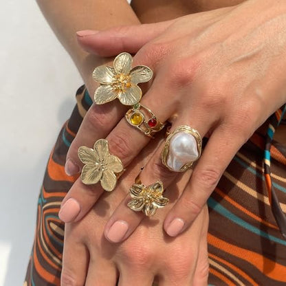 3/6 PCS Silver Chunky Pearl Rings Set for Women Gold Baroque Pearl Flower Open Ring Adjustable Crystal Large Ring Set Personalized Statement Knuckle Rings Fashion Costume Jewelry Accessories - color: crystal gold