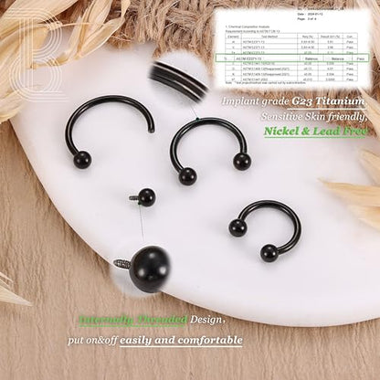 G23 Titanium 14/16/18/20G Septum Rings Horseshoe Nose Ring Jewelry | 2/3Pcs Circular Barbell Spike Lip Body Piercing Jewelry Conch Helix Tragus Earring Silver/Black 8/10/12mm 14K Gold Plated - color: Black-3pcs, size: Balls-3pcs-16g-8/10/12mm
