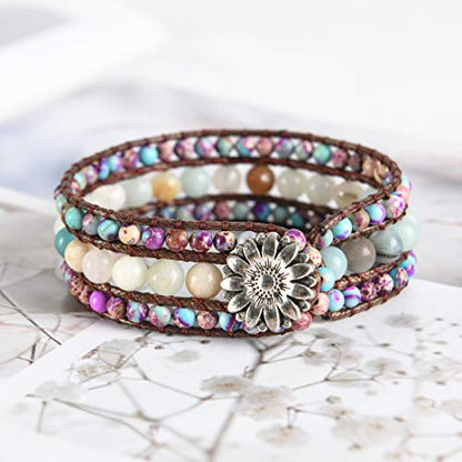 YGLINE Boho Handmade Natural Stone Bead 3 Row Wide Wrap Wrist Statment Bracelet Jewelry Collection - color: regalite ＆amazonite