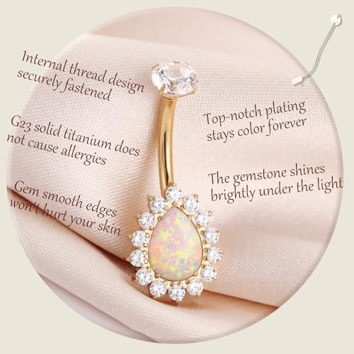 AROWRO Gold Belly Button Ring G23 Titanium Hypoallergenic 14G belly ring for Women Men Teardrop Navel Piercing Jewelry 10mm Barbell With Cubic Zircon - color: Gold+White Opal