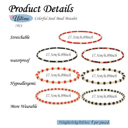 Colorful Stackable Rice Small Mini Seed Beaded Bracelets Set For Women, Handmade Dainty Boho Gold Glass Stretch Accessories Jewelry,Summer Beach Party Daily Friendship Gift - color: 8Pcs Black Red