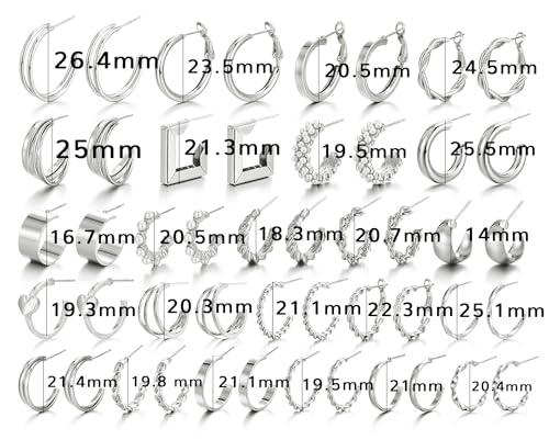 IFKM 24 Pairs Gold Hoop Earrings Set for Women Hypoallergenic Chunky Chain Twisted Open Hoops Dangle Earring Packs for Birthday Party Christmas Fashion Jewelry Gift - color: 24 Pairs Silver