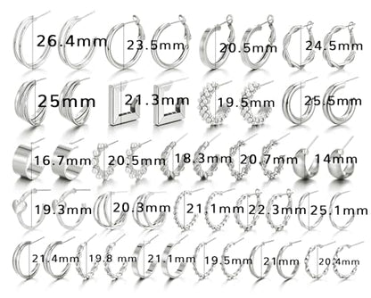 IFKM 24 Pairs Gold Hoop Earrings Set for Women Hypoallergenic Chunky Chain Twisted Open Hoops Dangle Earring Packs for Birthday Party Christmas Fashion Jewelry Gift - color: 24 Pairs Silver