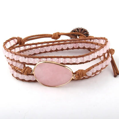Handmade Boho Wrap Bracelets Natural Turquoise Crystal Stone Variety Beaded Strand Bracelet - color: Pink Quartz #2
