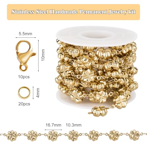 GTVOODX PVD Gold Clover Stainless Steel Chain for Jewelry Making | 6.6 FT Handmade Four Leaf Clover Bulk Chain Roll for DIY Jewelry Necklace Bracelet Making with Jump Rings and Lobster Clasps - color: Gold Four Leaf Clover