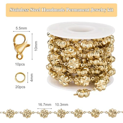 GTVOODX PVD Gold Clover Stainless Steel Chain for Jewelry Making | 6.6 FT Handmade Four Leaf Clover Bulk Chain Roll for DIY Jewelry Necklace Bracelet Making with Jump Rings and Lobster Clasps - color: Gold Four Leaf Clover