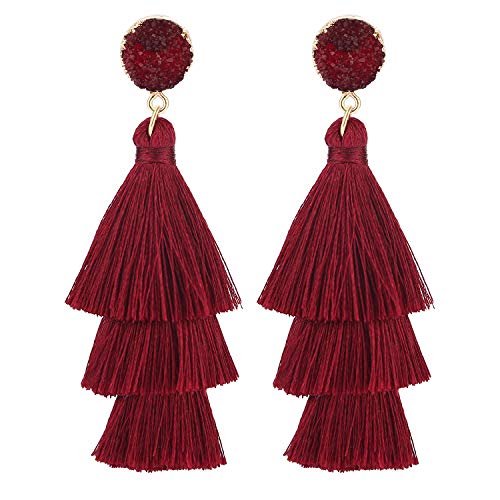 Bohemian Tiered Tassel Earrings with Druzy Stud for Women | Long Layered Fringe Drop Earrings, Statement Jewelry for Party Beach Festival - color: Burgundy Color