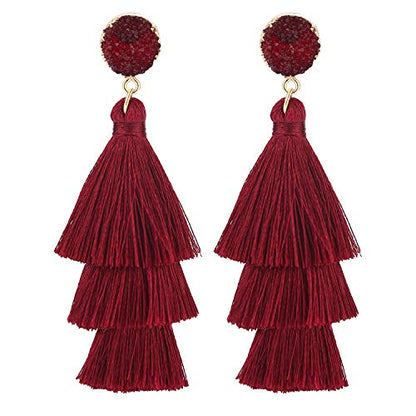 Bohemian Tiered Tassel Earrings with Druzy Stud for Women | Long Layered Fringe Drop Earrings, Statement Jewelry for Party Beach Festival - color: Burgundy Color