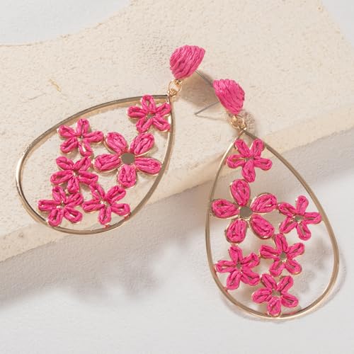 Boho Raffia Flower Teardrop Earrings Cute Colorful Dangle Trendy Jewelry | Floral Drop Statement Big Dangling Earring Hypoallergenic Gold Fun Unique Summer Spring Beach Vacation Outfits for Women - color: Hot Pink