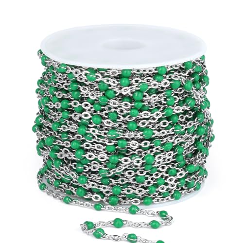 33FT 2mm Stainless Steel Green Enamel Link Chains Bulk for Jewelry Making | 304 Stainless Steel Enamel Beaded Cable Chains Roll Spool for Necklace Bracelet Craft - color: Stainless Steel Green Beads