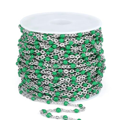 33FT 2mm Stainless Steel Green Enamel Link Chains Bulk for Jewelry Making | 304 Stainless Steel Enamel Beaded Cable Chains Roll Spool for Necklace Bracelet Craft - color: Stainless Steel Green Beads