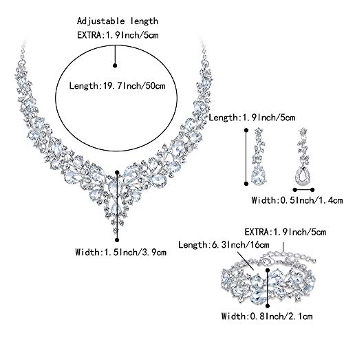 Wedding Bridal Jewelry Set for Women Bride Bridesmaids | Gorgeous Austrian Crystal Teardrop Cluster Statement Necklace Dangle Earrings Link Bracelet Set Prom Jewellery - color: 01-Clear Silver-Tone