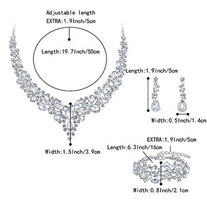 Wedding Bridal Jewelry Set for Women Bride Bridesmaids | Gorgeous Austrian Crystal Teardrop Cluster Statement Necklace Dangle Earrings Link Bracelet Set Prom Jewellery - color: 01-Clear Silver-Tone