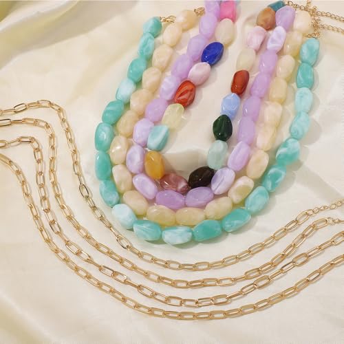 Summer Dopamine Colorful Beaded Necklace for Women, Boho Multicolor Irregular Large Resin Beads Necklace Chunky Layered Gold Chain Statement Choker Y2K Jewelry