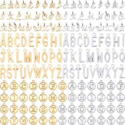 SANNIX Letter Charms, 156Pcs/6 Sets Alphabet ABC Letter Charms 3 Styles | Capital A-Z Charms, DIY Bracelet Necklace Pendants ,with 200Pcs Open Jump Rings for Jewelry Making, KC Gold & Antique Silver - color: KC Gold and Silver