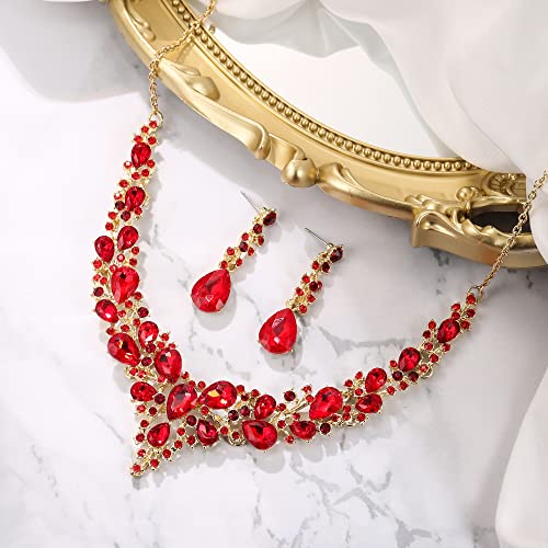 Women's Wedding Statement Necklace Dangle Earring Jewelry | Austrian Crystal Teardrop Cluster,Necklaces Earrings Set for Bride Bridesmaid,Prom Accessories - color: 21-Ruby Color Gold-Plated-Base