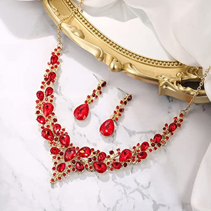 Women's Wedding Statement Necklace Dangle Earring Jewelry | Austrian Crystal Teardrop Cluster,Necklaces Earrings Set for Bride Bridesmaid,Prom Accessories - color: 21-Ruby Color Gold-Plated-Base
