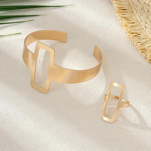 GIGB PBDK Chunky 14K Gold Ring Bracelet Set Punk Exaggerated Open Cuff Bracelets Geometric Simple Hollow Rectangle Ring Jewelry Set Presents for Women Wife