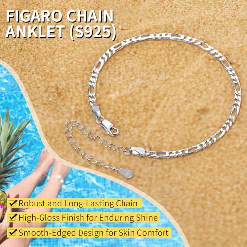 ChainsHouse Ankle Bracelets for Women, Stainless Steel Beaded Chain Ankle Bracelet, Womens Heart Anklets for Summer Beach Jewelry Gifts - color: D: figaro-3mm-sterling silver