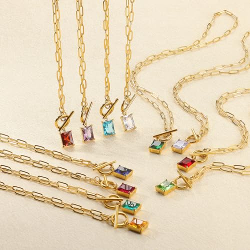 Diamond Necklaces for Women Natural Stone Paperclip Toggle Necklace 14K Gold Plated Emerald Birthstone Necklace for Women Paper Clip Chain Blue Green Cubic Zirconia Pendant Birthday Gifts for Women Mother Jewelry - color: 10. October(Tourmaline)