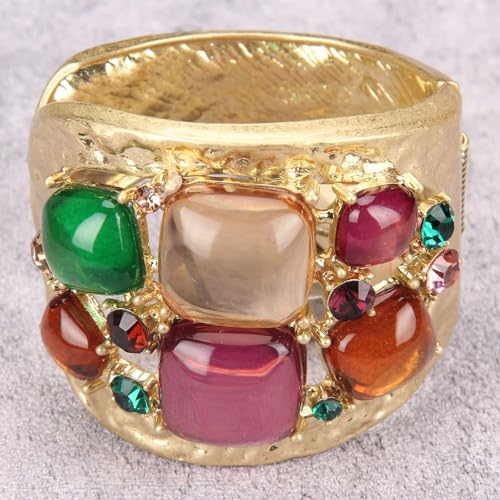 Gold Cuff Bracelet for Women Chunky Bracelet Statement Bracelet | Chunky Bangle Bracelets for Women Silver Beaded Open Bangle Stackable Stretch Bead Bracelet Boho Jewelry Gift for Wife Couple - style: Colorful Stone Bangles