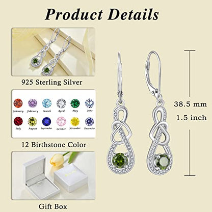 Dangle Drop Earrings for Women 925 Sterling Silver Heart Infinity Leverback Earrings Birthstone Jewelry Gifts for Women Wife Girlfriend Mother Daughter Her - color: 08 August - Peridot