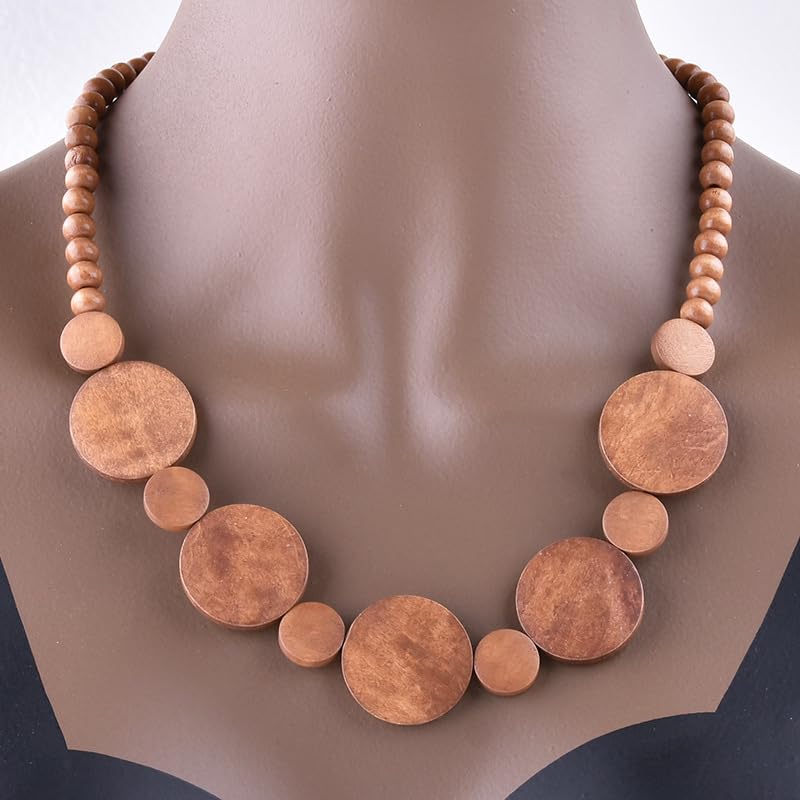 Todu Natural Wooden Beads Statement Necklace Handmade Boho African Tribal Choker Necklace Simple Hippie Vacation Jewelry for Unisex Men Women - color: 1
