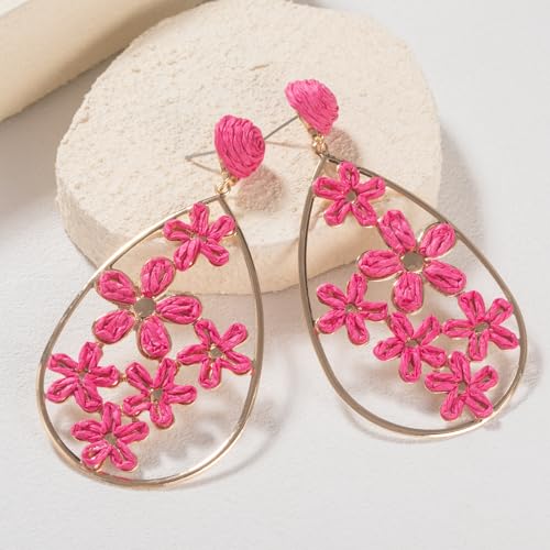 Boho Raffia Flower Teardrop Earrings Cute Colorful Dangle Trendy Jewelry | Floral Drop Statement Big Dangling Earring Hypoallergenic Gold Fun Unique Summer Spring Beach Vacation Outfits for Women - color: Hot Pink