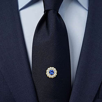 AMITER Crystal/Pearl Tie Tack with Chain, Gold Mens Tie Pin Necktie Pins Lapel Pin for Wedding Birthday Anniversary Party - color: 24k Gold+Blue Crystal