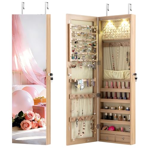 NAFORT 2 LEDs Full Length Mirror with Jewelry Armoire, Jewelry Organizers and Storage with 2 Mounting Options, 47.5”H Jewelry Cabinet with 2 Drawers, Make up & Lockable Jewelry Box, Natural Wood - color: Natural Wood