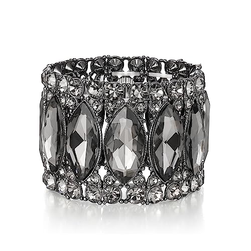 BriLove Wedding Bridal Gorgeous Crystal Stretch Bangle Bracelets for Women | Shiny Double Row Rhinestones Marquise Cluster,for Bride Bridesmaid,Prom Party Jewelry Accessories - color: 09-Grey Black-Tone