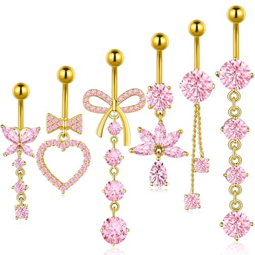 Dangle Belly Button Ring Surgical Stainless Steel Dangly Belly Rings for Women Dangling Heart Bow Butterfly Navel Belly Piercing Jewelry 14G - color: Gold Tone Pink CZ