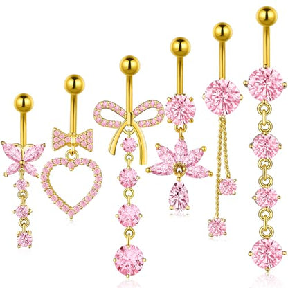 Dangle Belly Button Ring Surgical Stainless Steel Dangly Belly Rings for Women Dangling Heart Bow Butterfly Navel Belly Piercing Jewelry 14G - color: Gold Tone Pink CZ