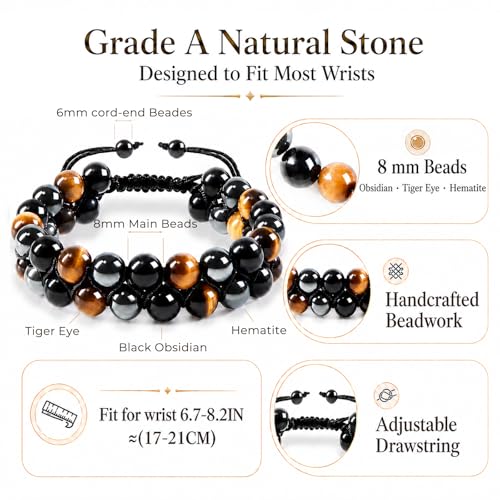 Triple Protection Bracelet for Men Women, Genuine Natural Stone Gemstone Beaded Bracelet, Tiger Eye Black Obsidian Hematite, Healing Crystal Jewelry for Protection, Grounding Energy, Gift-Ready Box